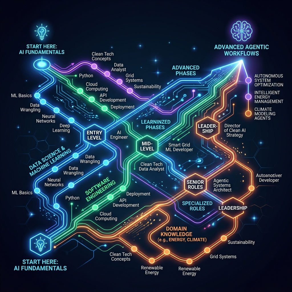 Futuristic AI developer learning path infographic