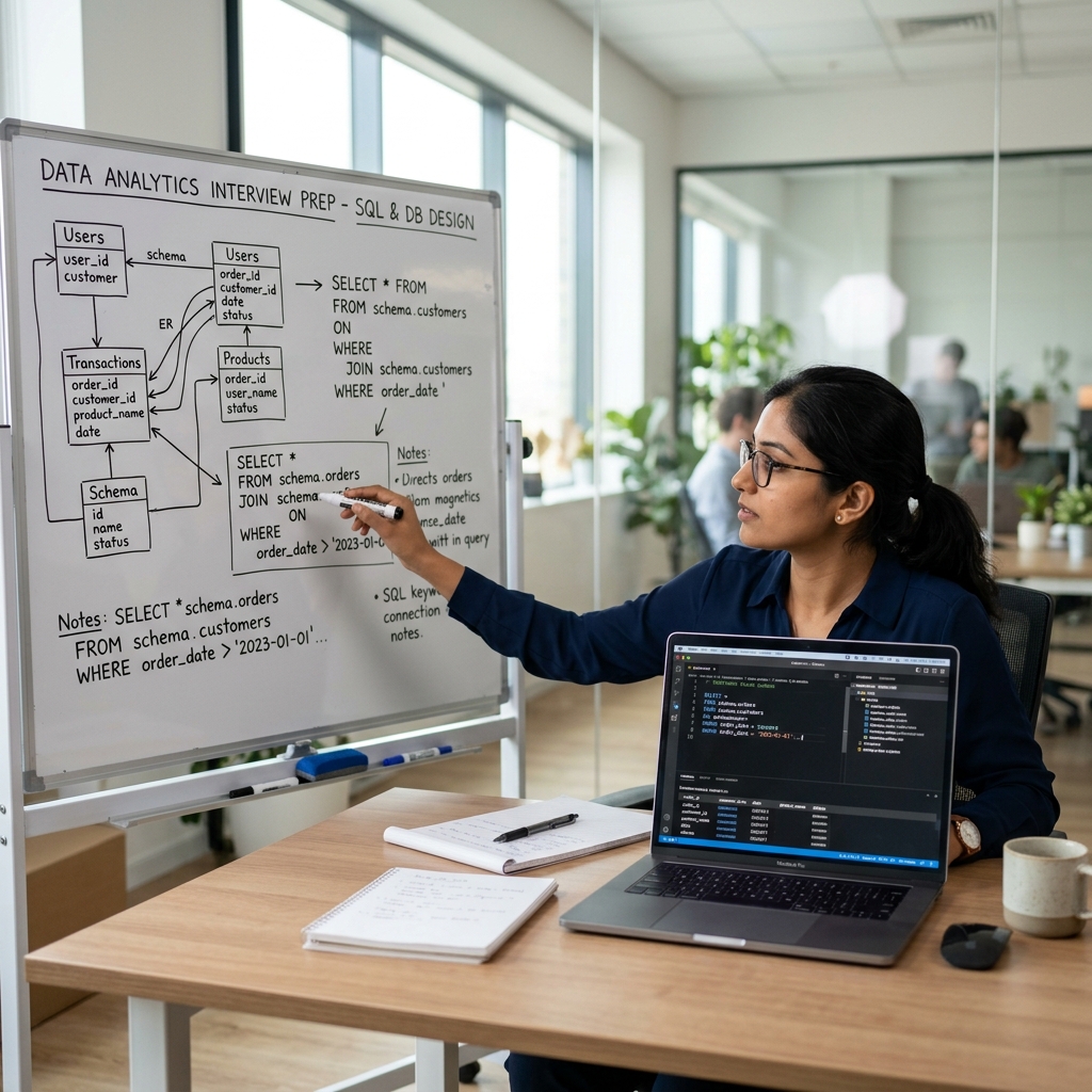 Indian professional presenting SQL diagrams on whiteboard