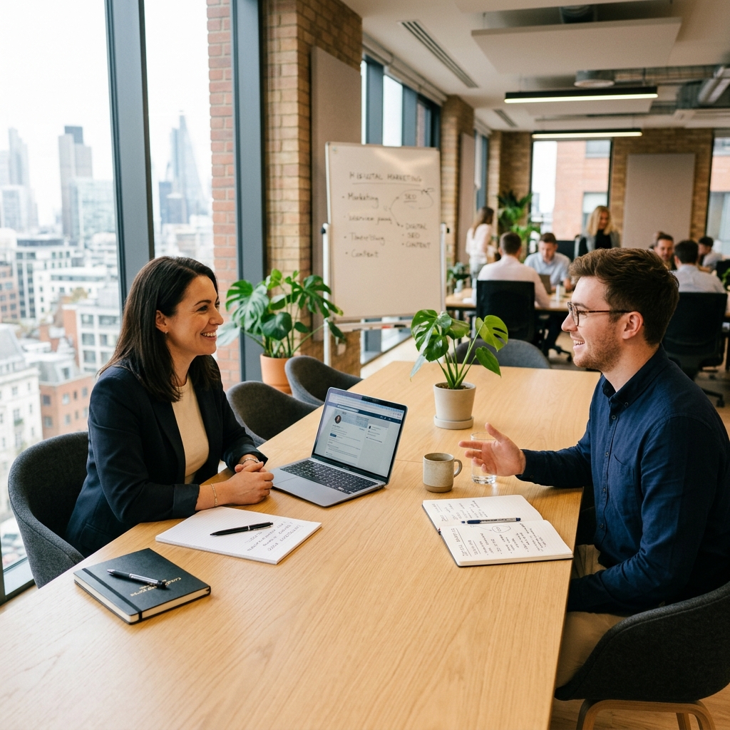 Two professionals in a mock interview setting
