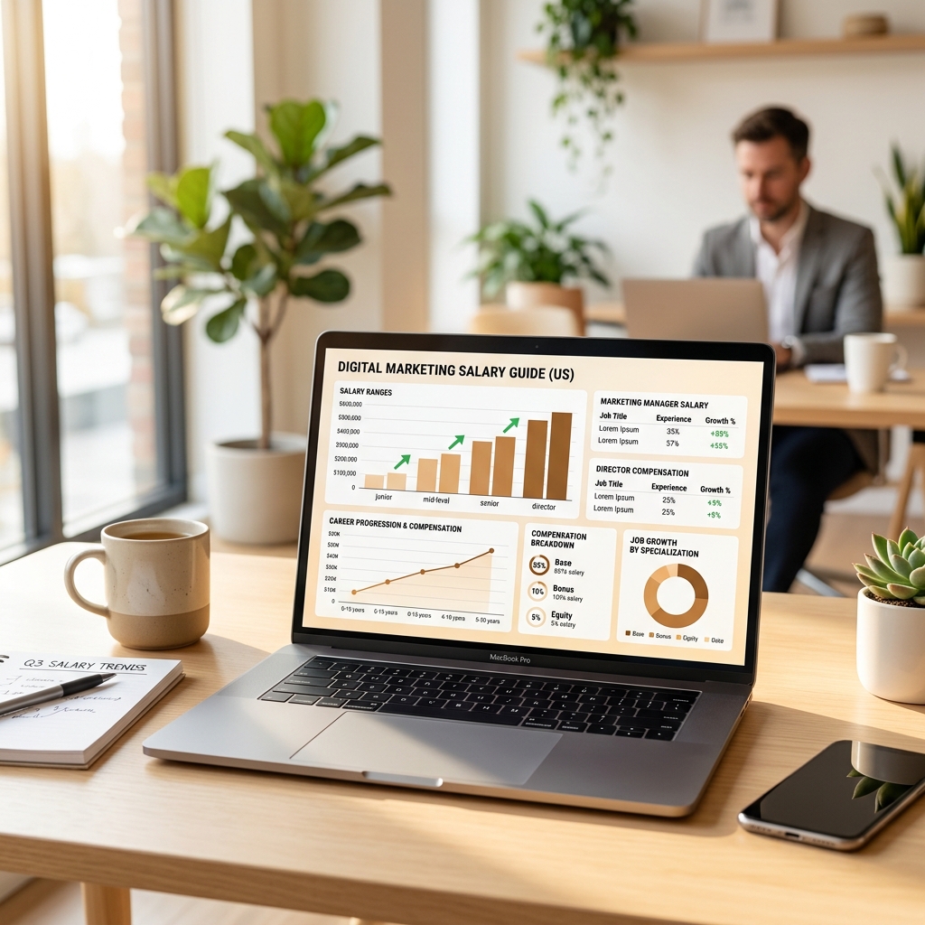Salary guide charts on a laptop screen at a clean desk