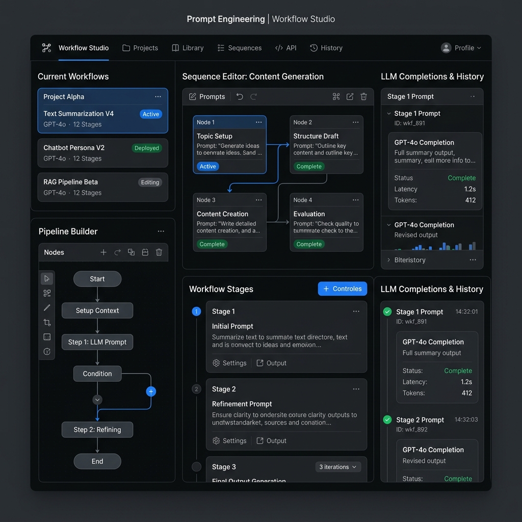 Structured prompt workflow dashboard on monitor