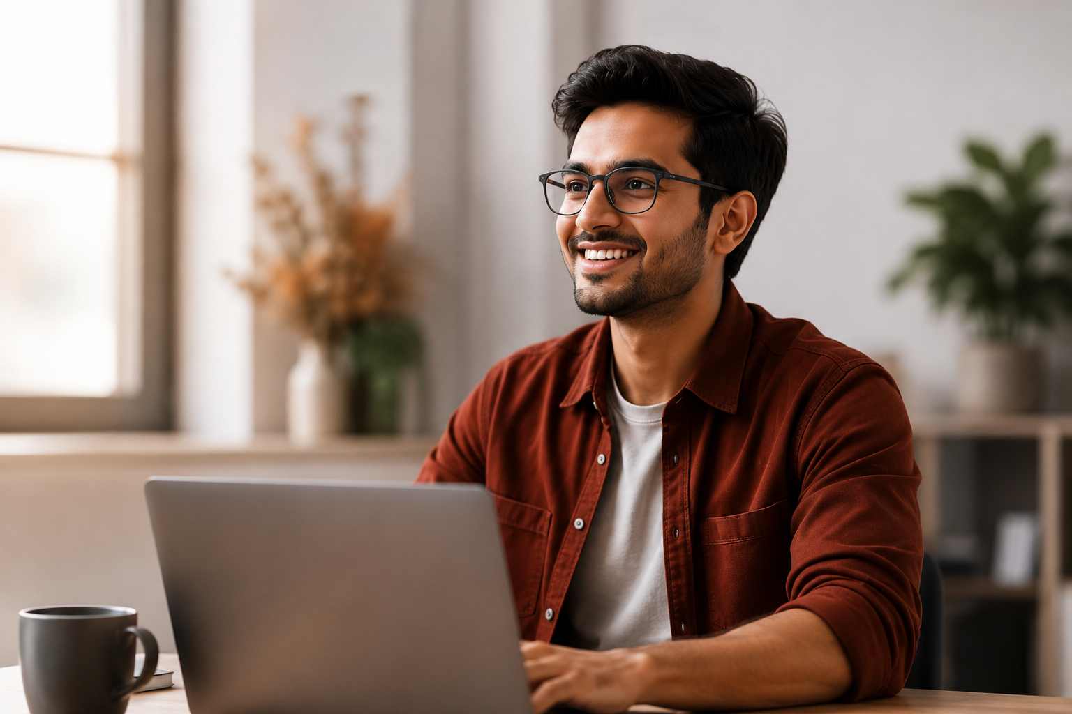 Learner smiling while studying online